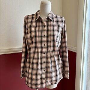 J. Jill Plaid Button Down Top 100% Cotton Women's M Petite Pleat Pockets Western